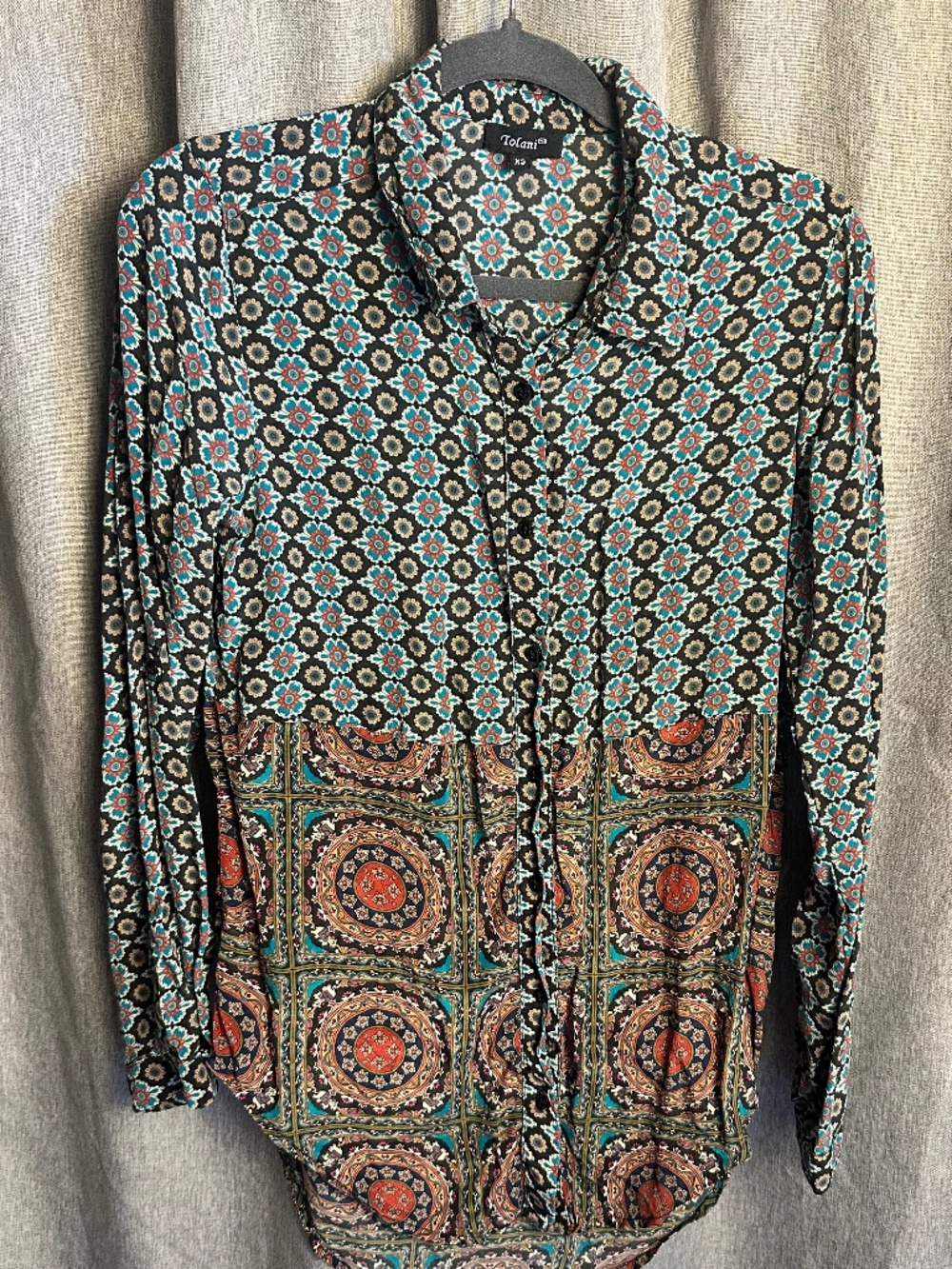 Tolani 100% Silk Boho Geometric Patchwork Button Down Blouse Size XS